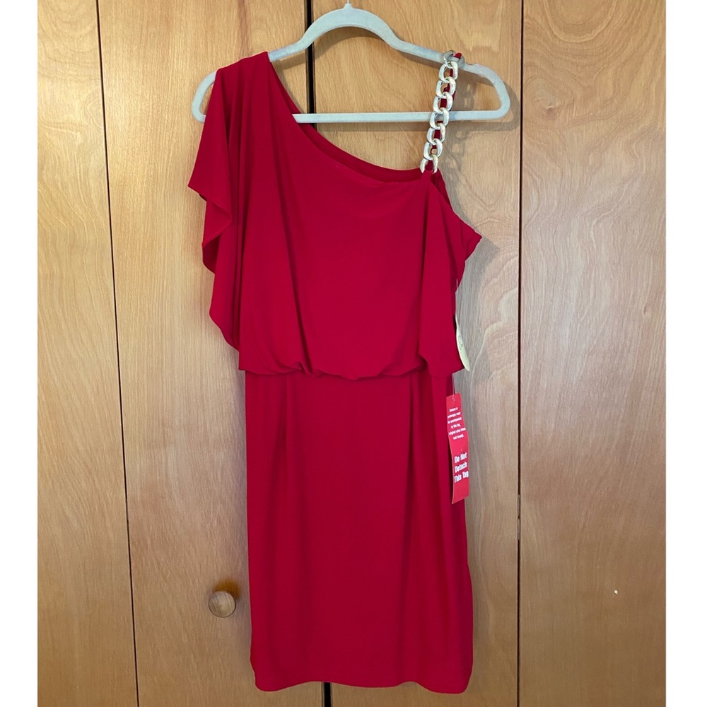 Emma & Michelle red one shoulder dress